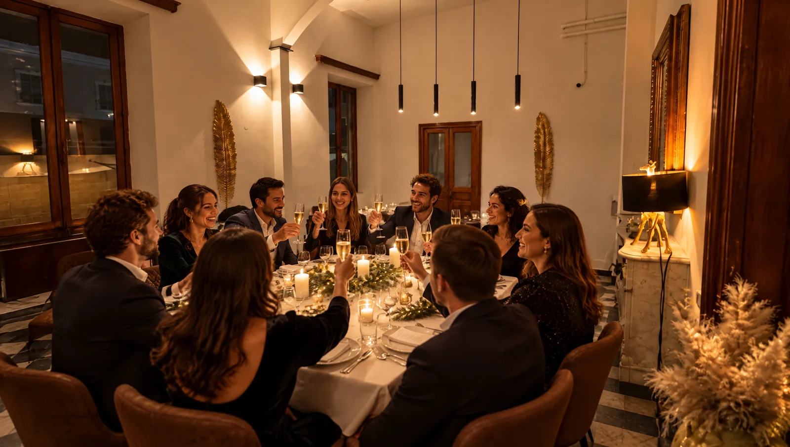 Un gruppo di colleghi brinda a tavola nella Sala Camino, allestita per Natale