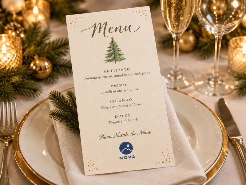 Menù di Natale stampato con il logo e gli auguri dell'azienda, appoggiato sul piatto della mise en place